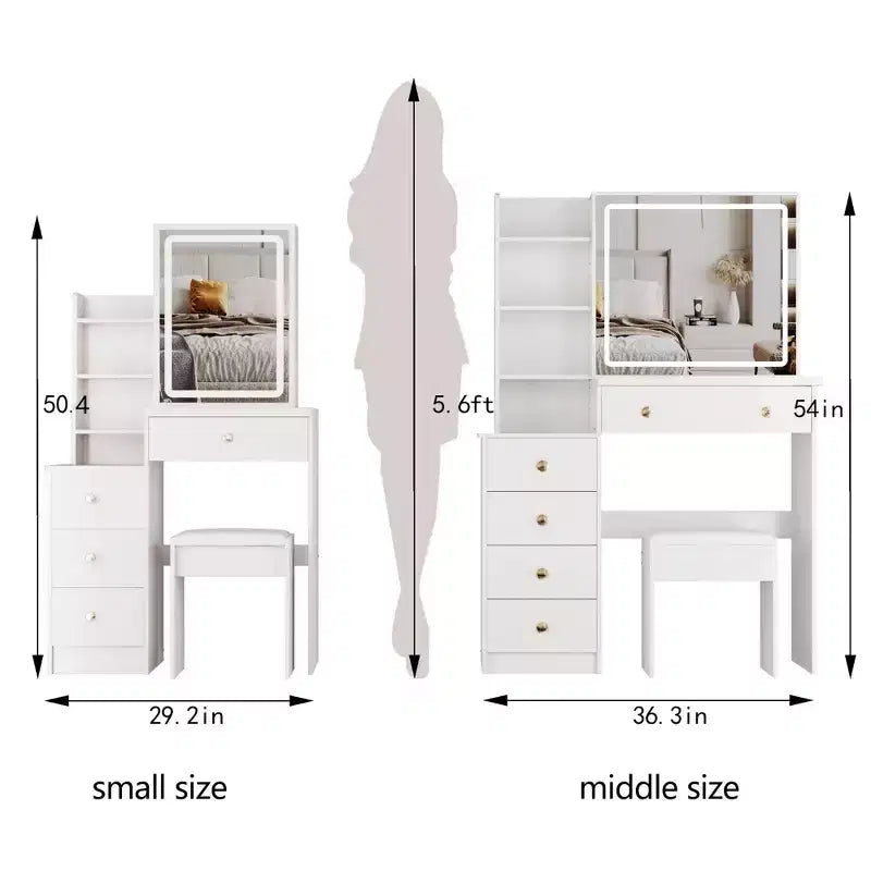 Toeletta da 94 cm con sgabello imbottito e grande specchio scorrevole, mobile trucco con contenitori ad alta capacità, tavolo da toeletta per la casa, bianco