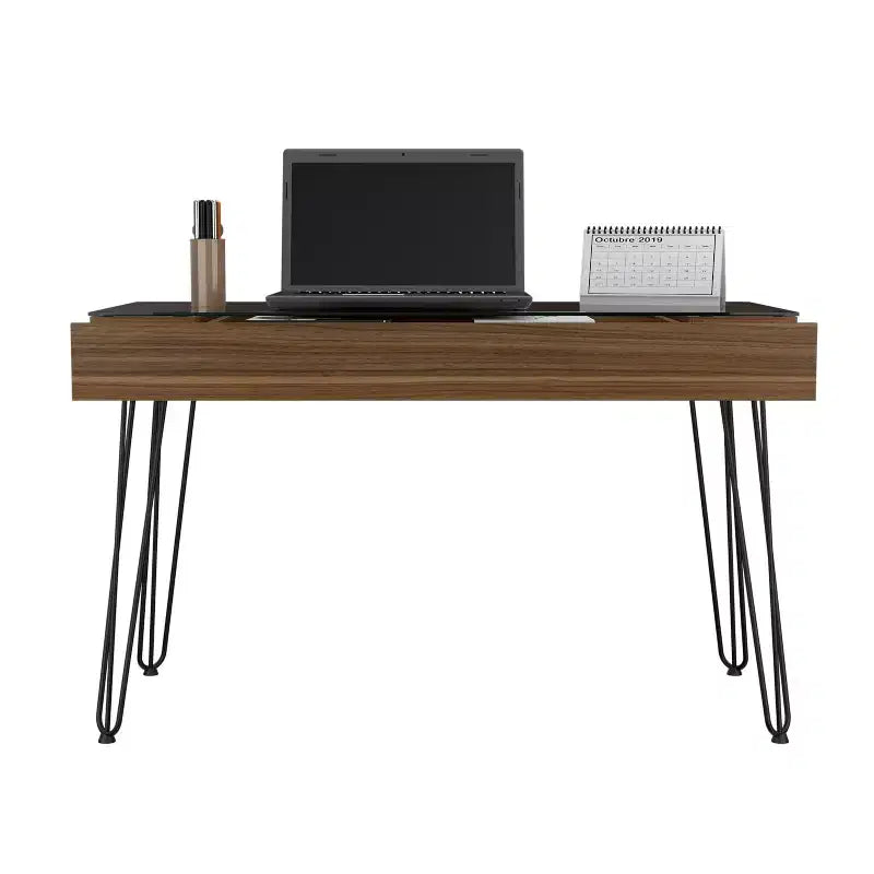 Scrivania, Scrivania per computer industriale con un cassetto spazioso, Gambe a forcina, Piano in vetro trasparente, Scrivania moderna per ufficio domestico, Studio, Camera da letto
