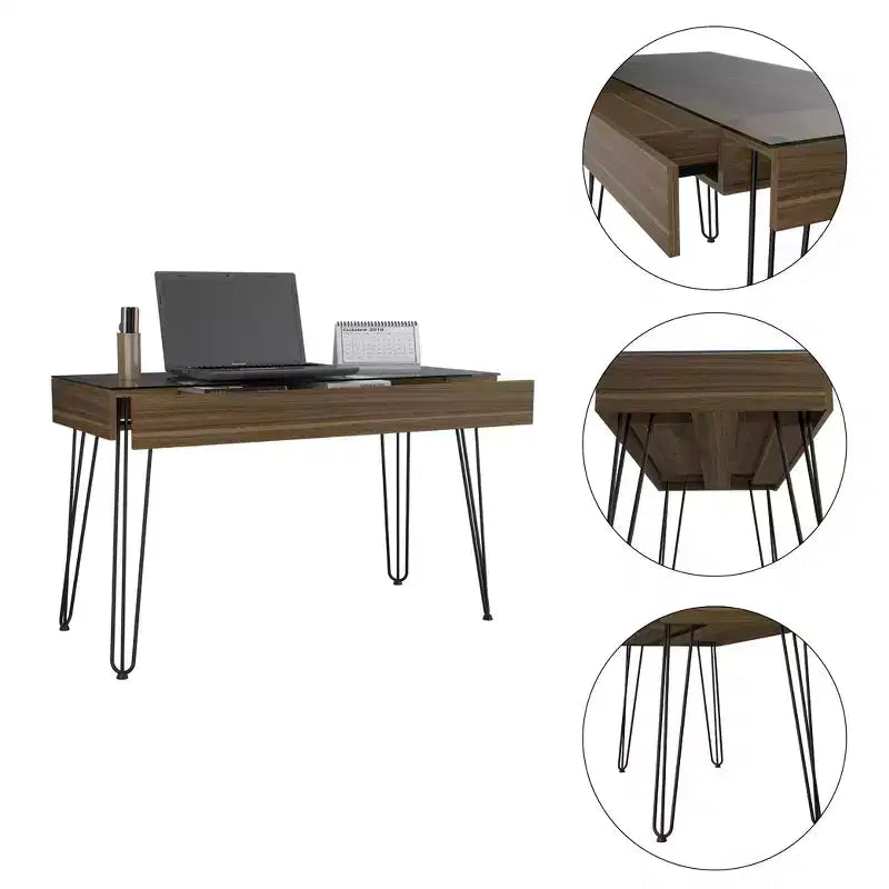 Scrivania, Scrivania per computer industriale con un cassetto spazioso, Gambe a forcina, Piano in vetro trasparente, Scrivania moderna per ufficio domestico, Studio, Camera da letto