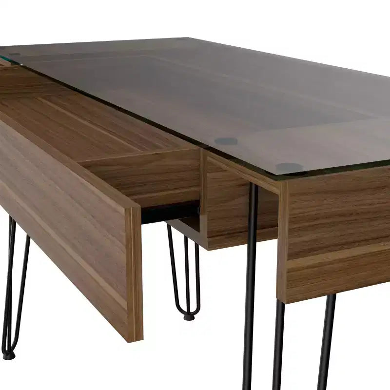 Scrivania, Scrivania per computer industriale con un cassetto spazioso, Gambe a forcina, Piano in vetro trasparente, Scrivania moderna per ufficio domestico, Studio, Camera da letto