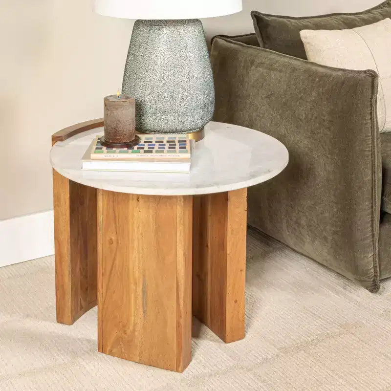 Tavolino Semichiuso Rotondo Storied Home in Marmo e Legno di Mango con Finitura Naturale