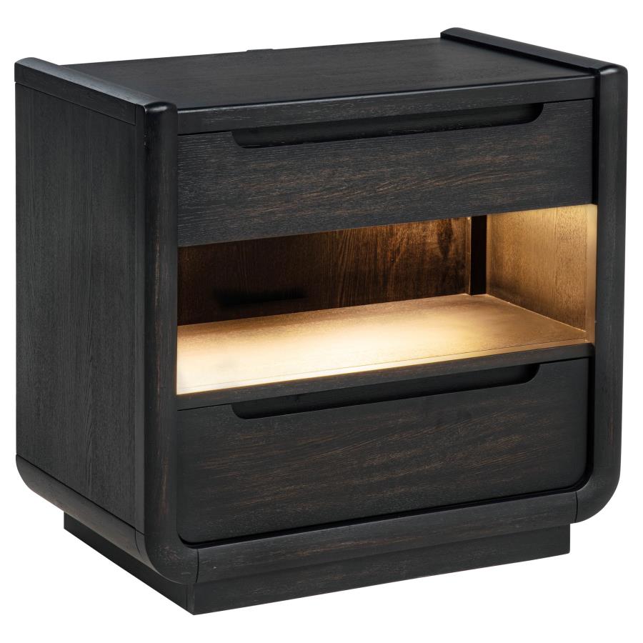 Comodino a 2 cassetti con mensola LED e porte USB, Nero Brunito