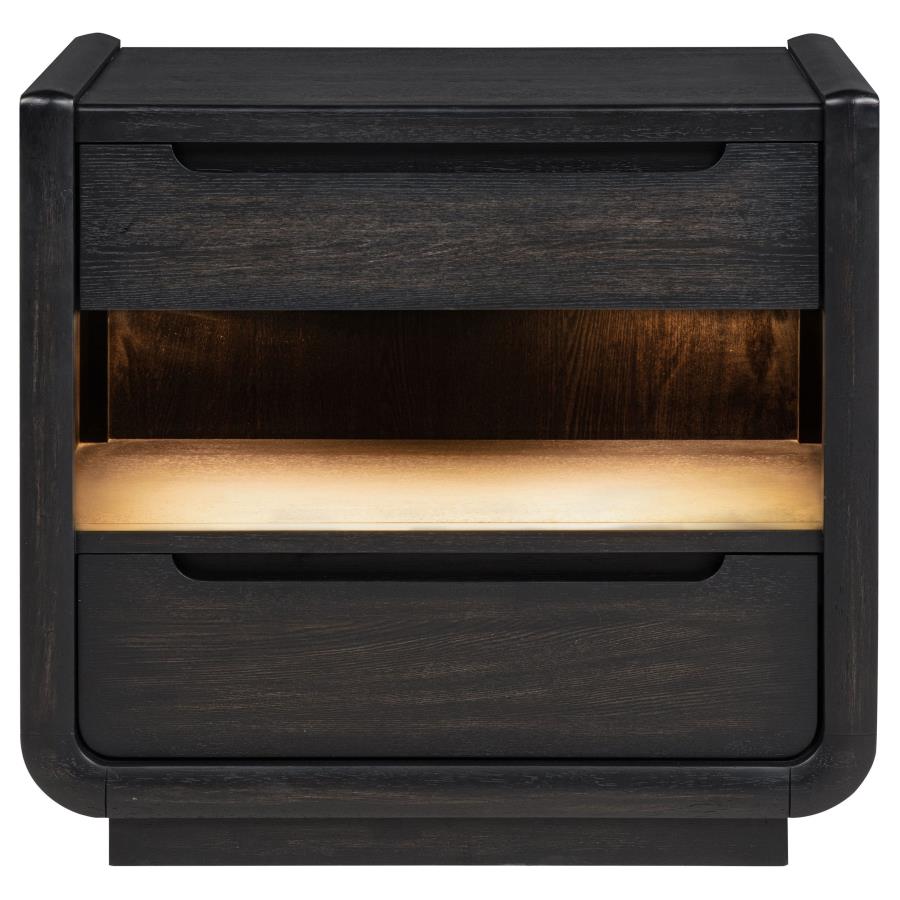 Comodino a 2 cassetti con mensola LED e porte USB, Nero Brunito