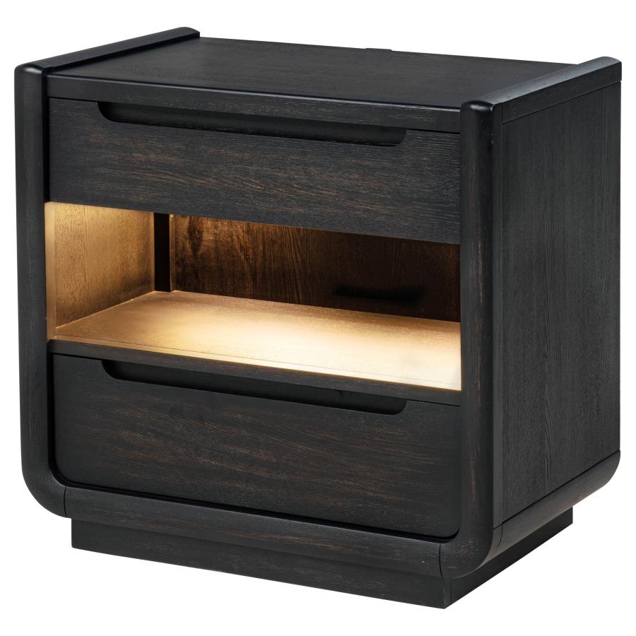 Comodino a 2 cassetti con mensola LED e porte USB, Nero Brunito