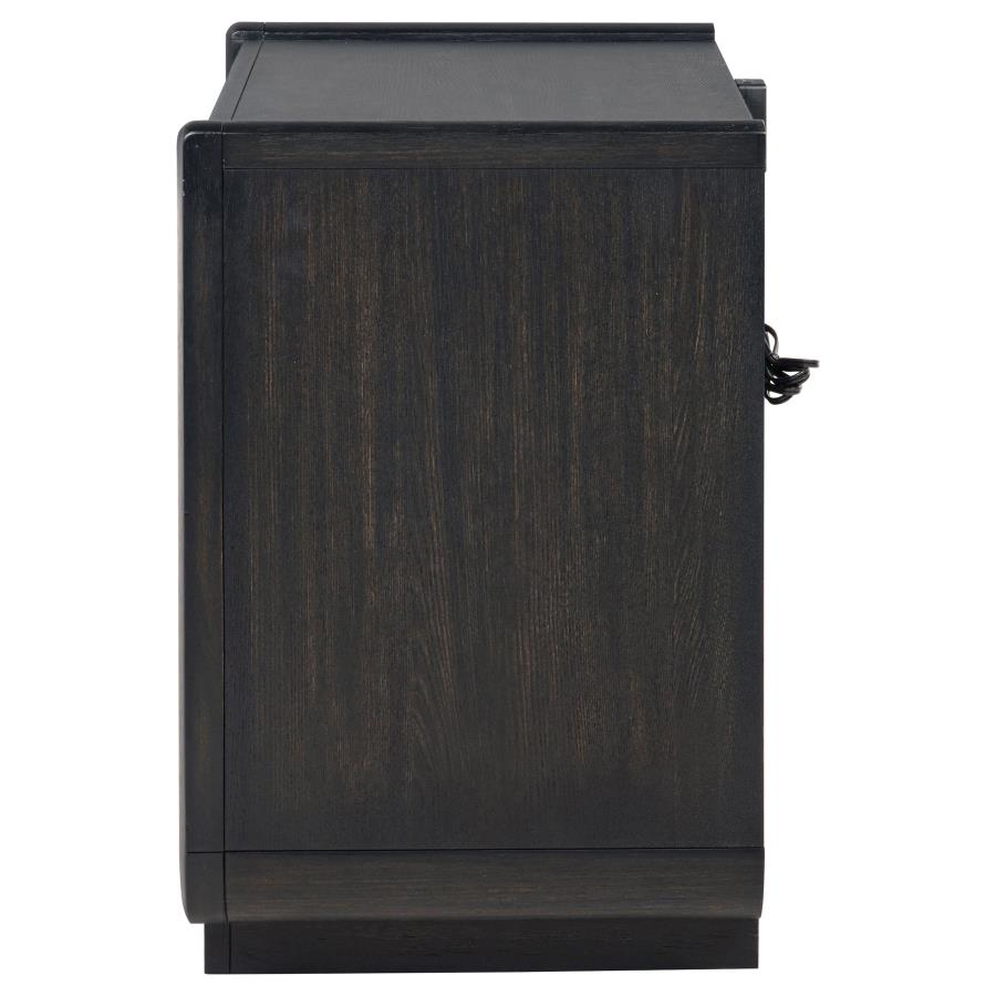 Comodino a 2 cassetti con mensola LED e porte USB, Nero Brunito