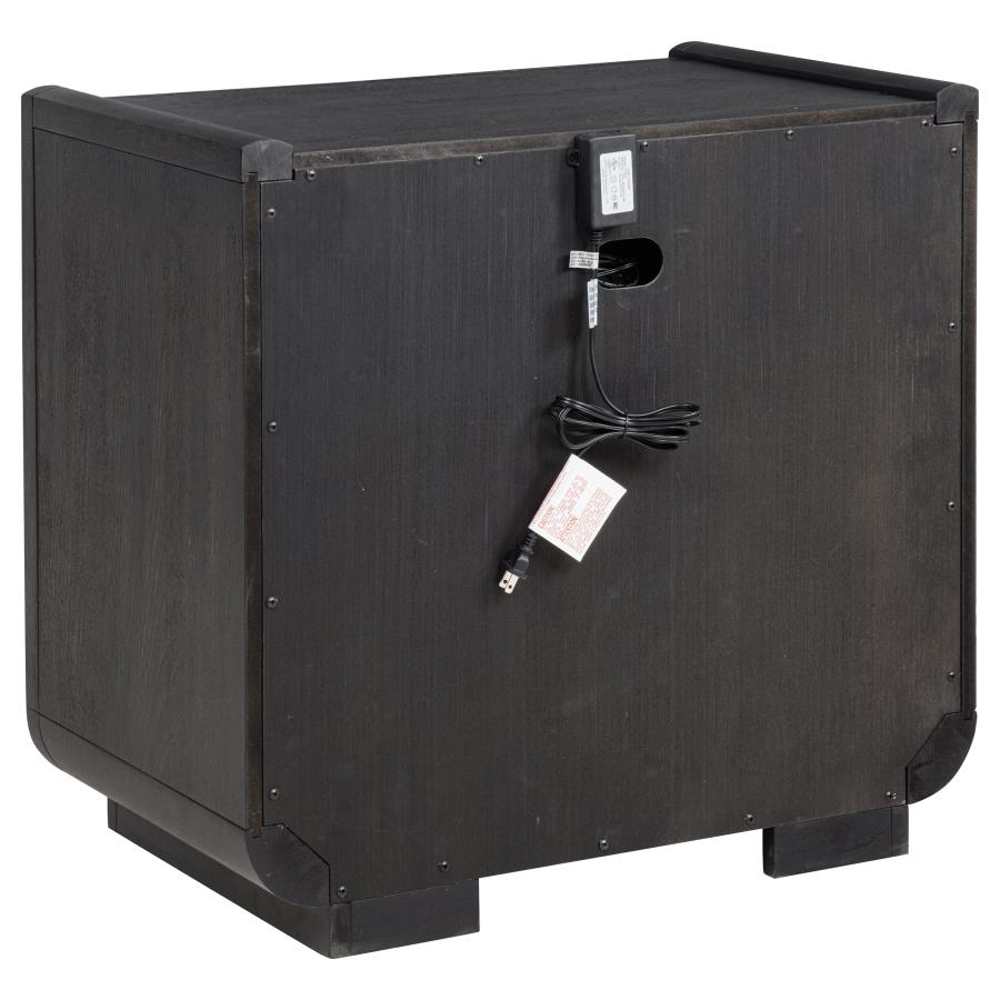 Comodino a 2 cassetti con mensola LED e porte USB, Nero Brunito