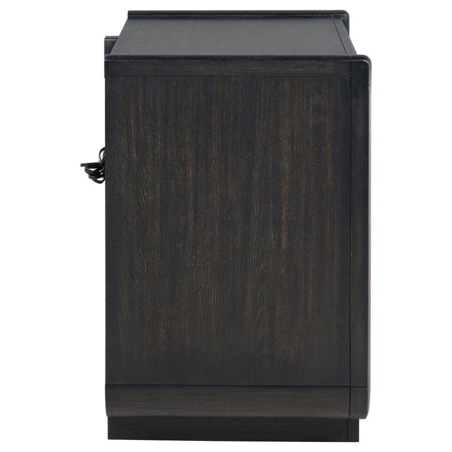 Comodino a 2 cassetti con mensola LED e porte USB, Nero Brunito