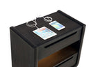 Comodino a 2 cassetti con mensola LED e porte USB, Nero Brunito