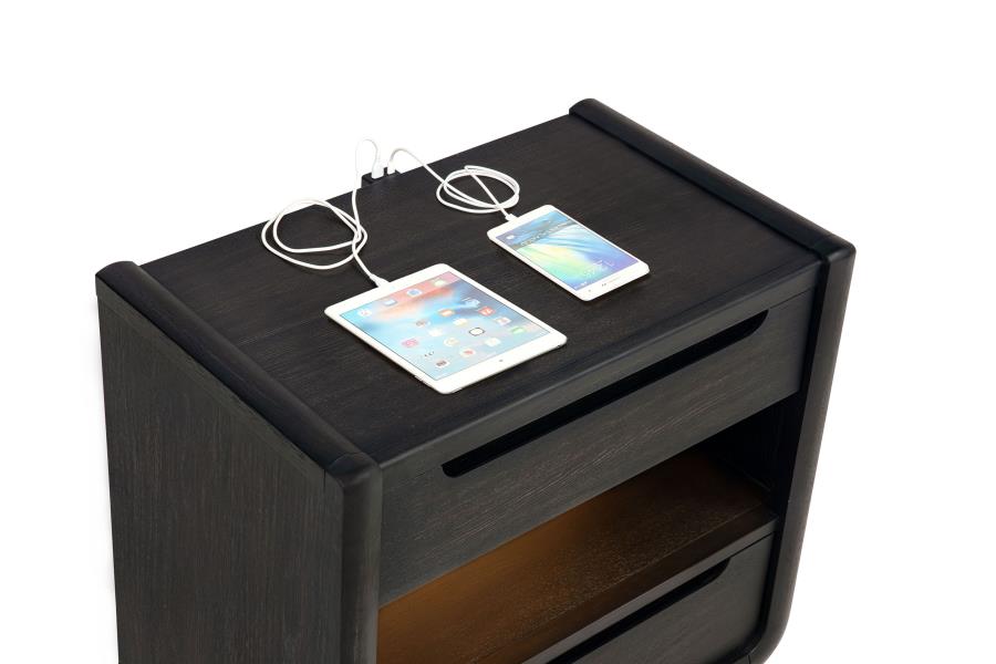 Comodino a 2 cassetti con mensola LED e porte USB, Nero Brunito