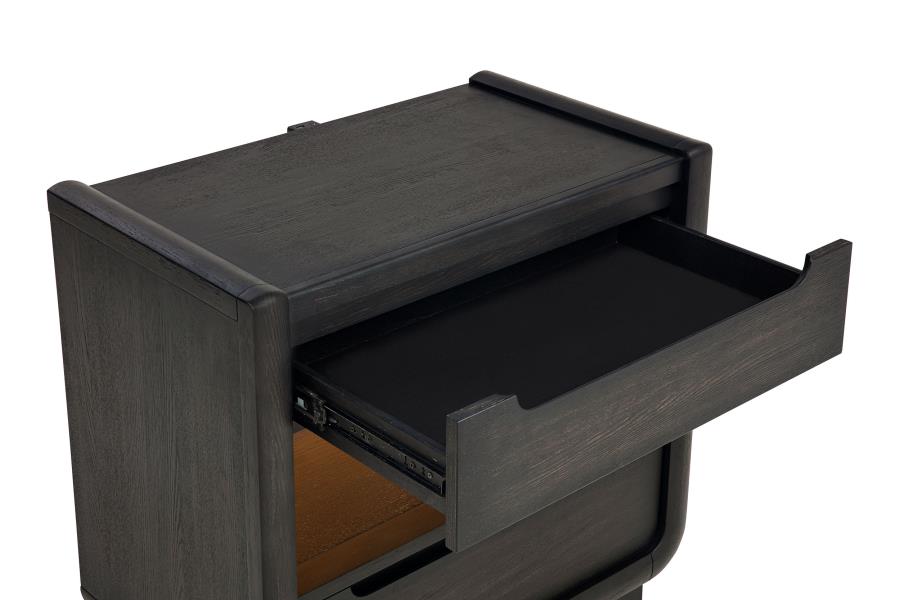 Comodino a 2 cassetti con mensola LED e porte USB, Nero Brunito