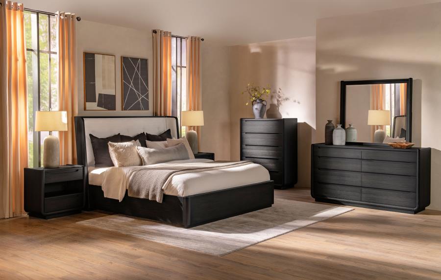 Comodino a 2 cassetti con mensola LED e porte USB, Nero Brunito