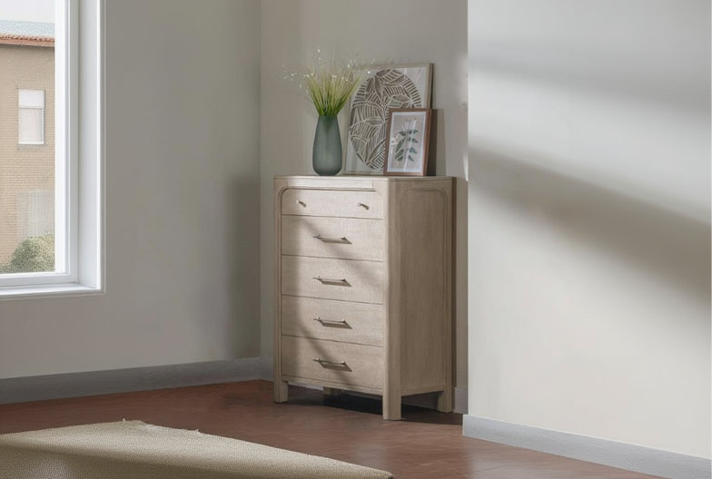 Cassettiera a 5 cassetti per camera da letto in legno di mango anticato con scomparto segreto