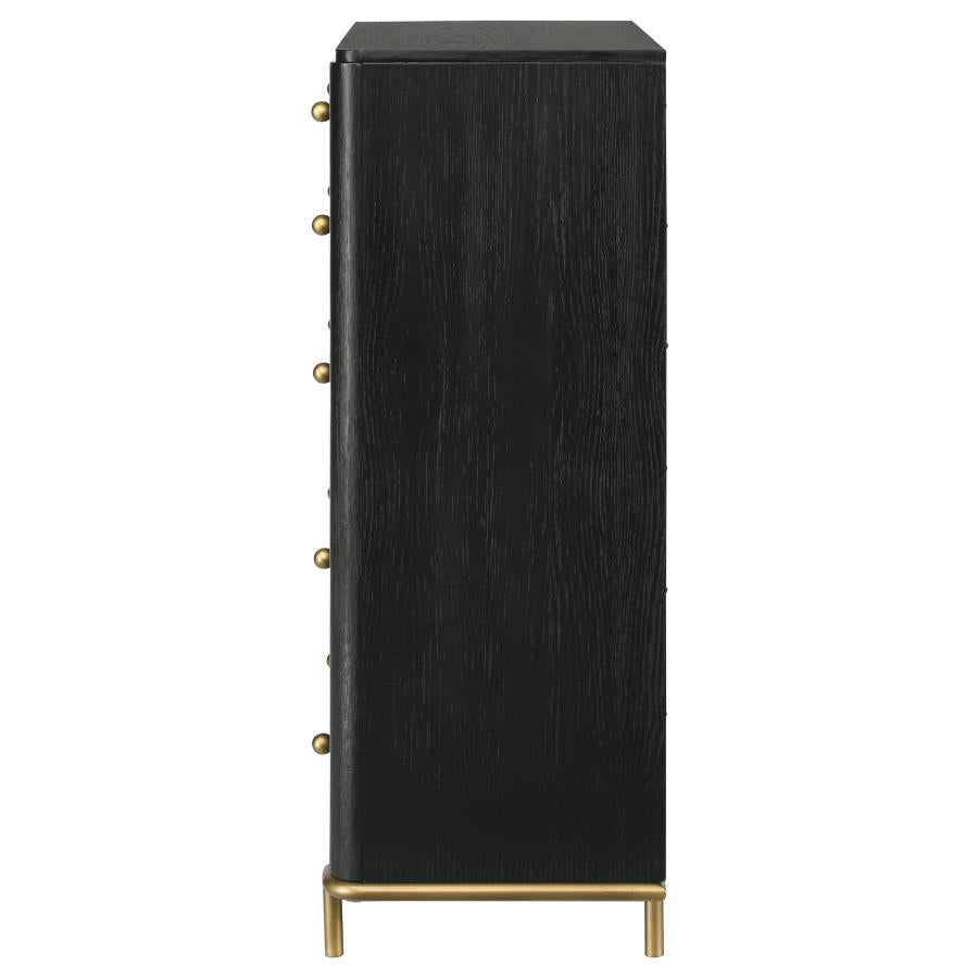 Cassettiera 5 cassetti per camera da letto impiallacciata in frassino nero con maniglie in ottone