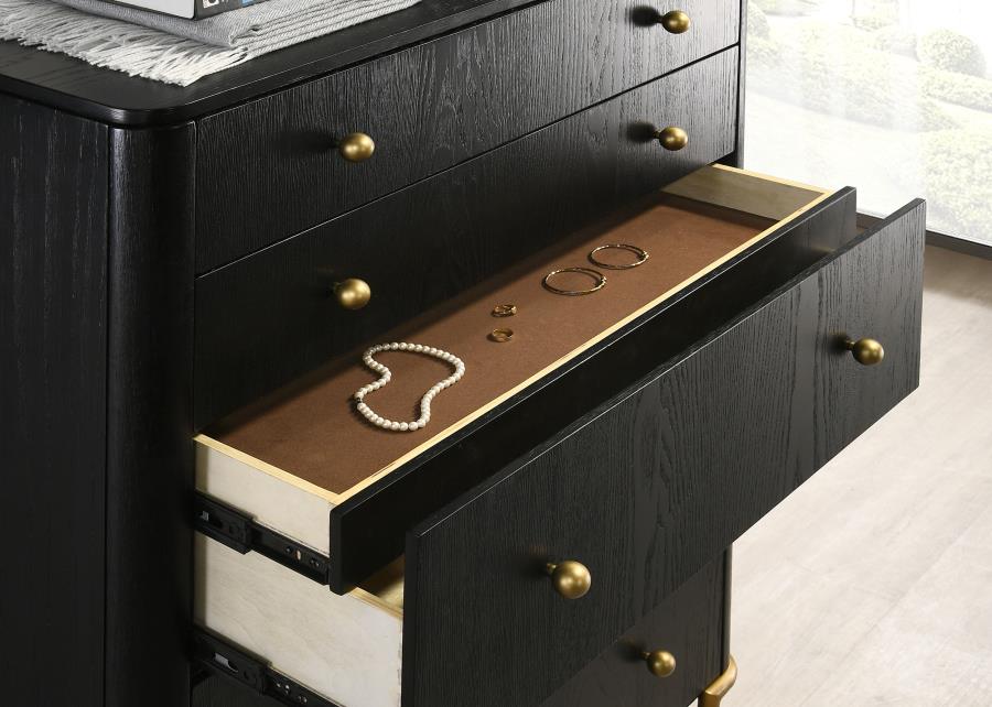Cassettiera 5 cassetti per camera da letto impiallacciata in frassino nero con maniglie in ottone