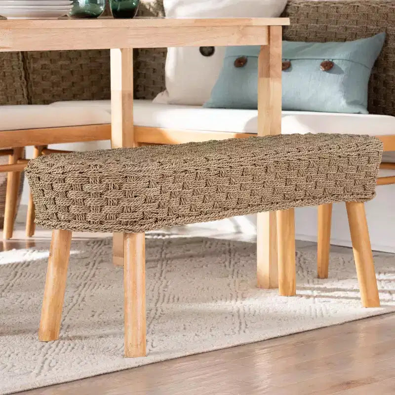 Panca decorativa Denver in legno di acacia ed erba marina, marrone chiaro/marrone naturale: Mobile artigianale per ingresso