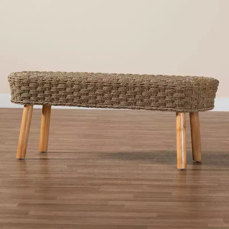 Panca decorativa Denver in legno di acacia ed erba marina, marrone chiaro/marrone naturale: Mobile artigianale per ingresso