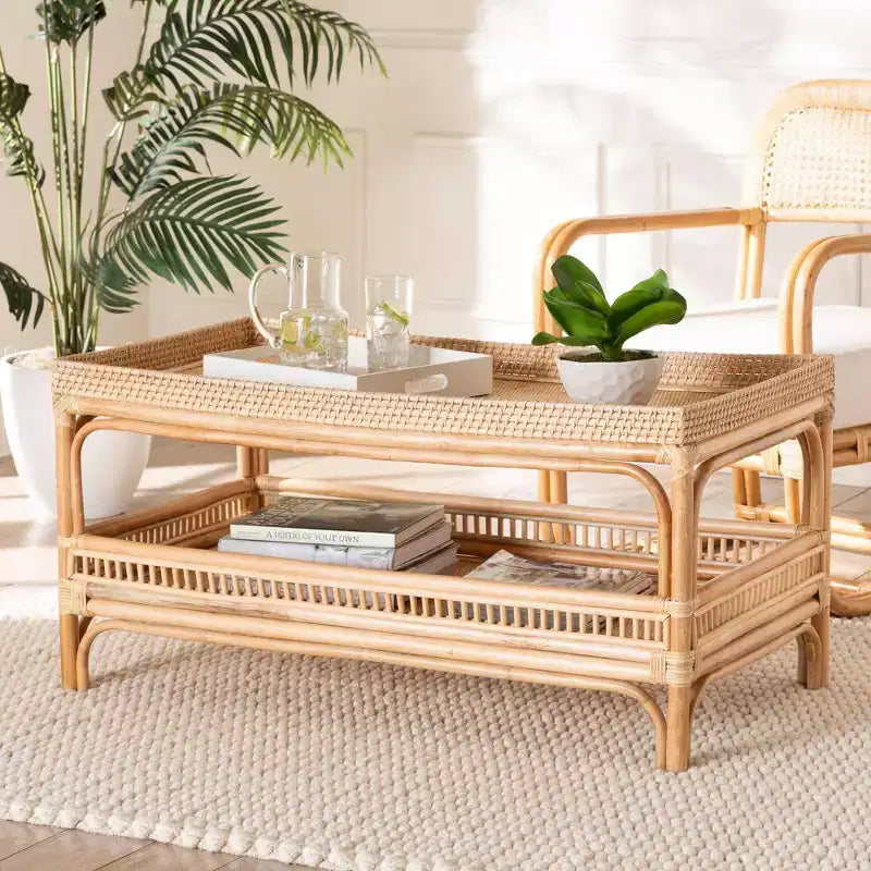 Tavolino da caffè Lombok in rattan naturale: 50 cm di altezza, nessun assemblaggio richiesto, base dal design a forma, 8 kg