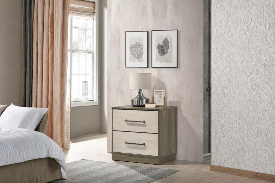 Comodino a 2 cassetti Rovere Grigio bicolore Melaminico Base Flottante