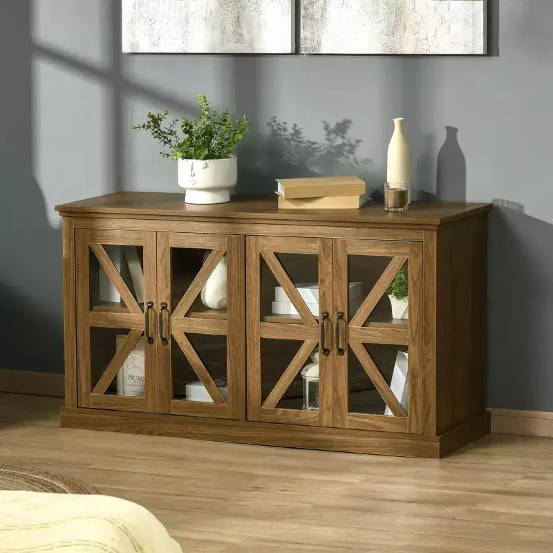 Credenza rustica da cucina, credenza con ante in vetro, mobile TV con ripiano regolabile per sala da pranzo