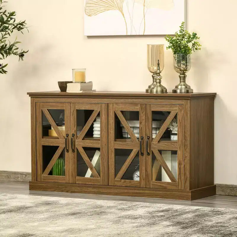 Credenza rustica da cucina, credenza con ante in vetro, mobile TV con ripiano regolabile per sala da pranzo
