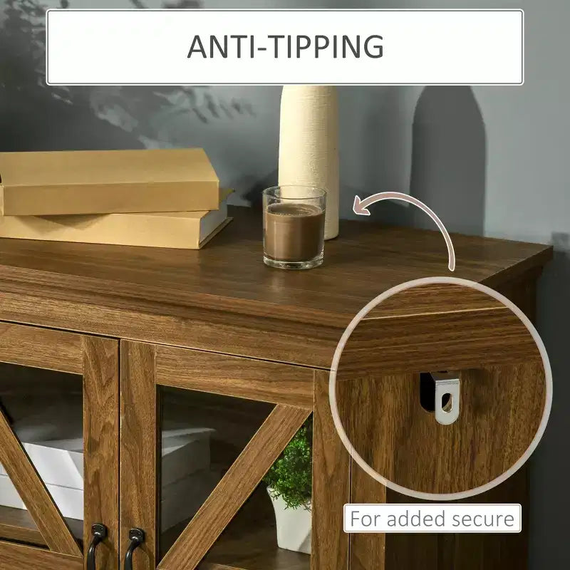 Credenza rustica da cucina, credenza con ante in vetro, mobile TV con ripiano regolabile per sala da pranzo