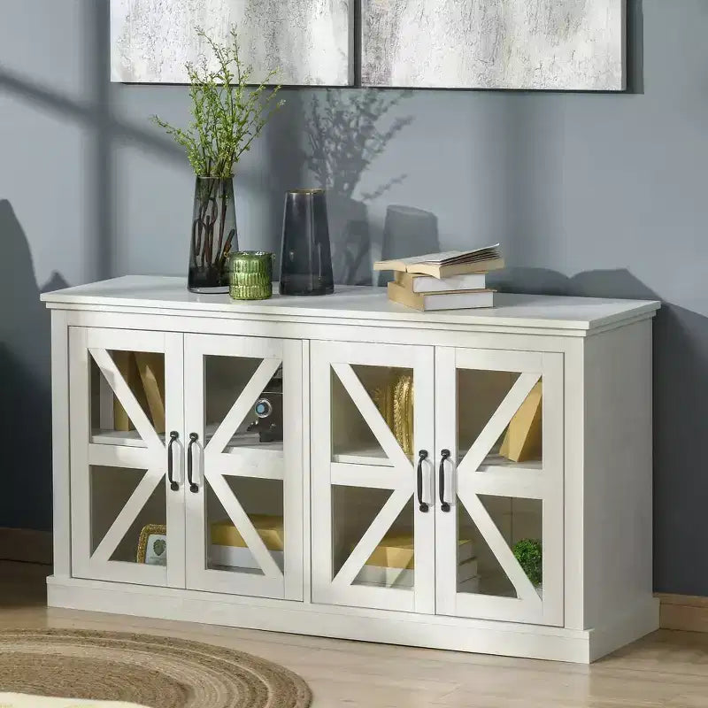 Credenza rustica da cucina, credenza con ante in vetro, mobile TV con ripiano regolabile per sala da pranzo