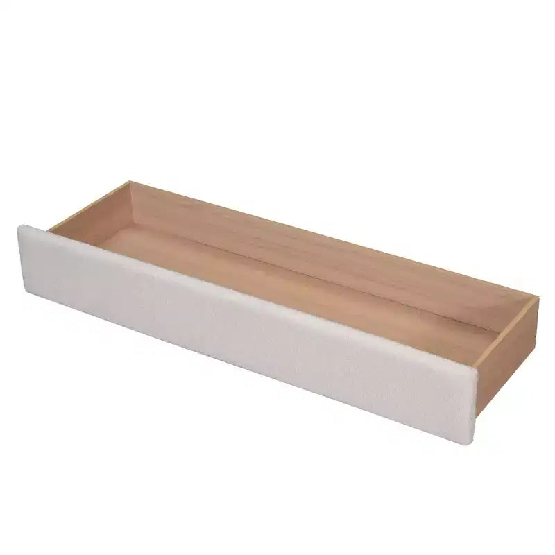Letto a piattaforma imbottito in pile Teddy matrimoniale queen-size con porte USB e cassetto