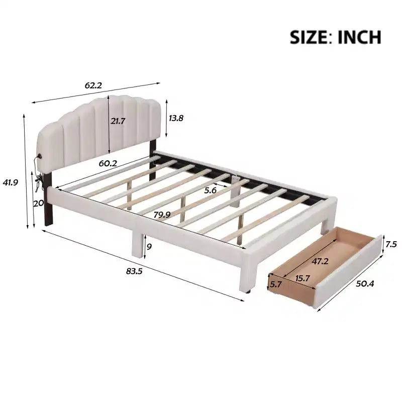 Letto a piattaforma imbottito in pile Teddy matrimoniale queen-size con porte USB e cassetto
