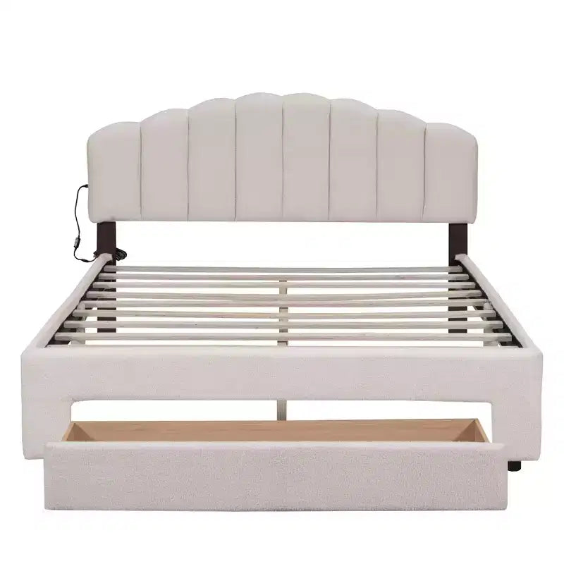 Letto a piattaforma imbottito in pile Teddy matrimoniale queen-size con porte USB e cassetto