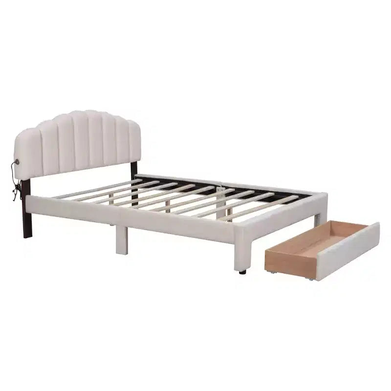 Letto a piattaforma imbottito in pile Teddy matrimoniale queen-size con porte USB e cassetto