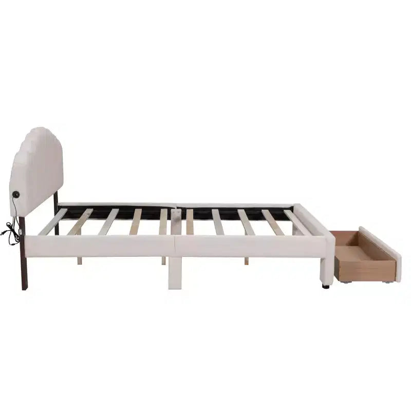 Letto a piattaforma imbottito in pile Teddy matrimoniale queen-size con porte USB e cassetto