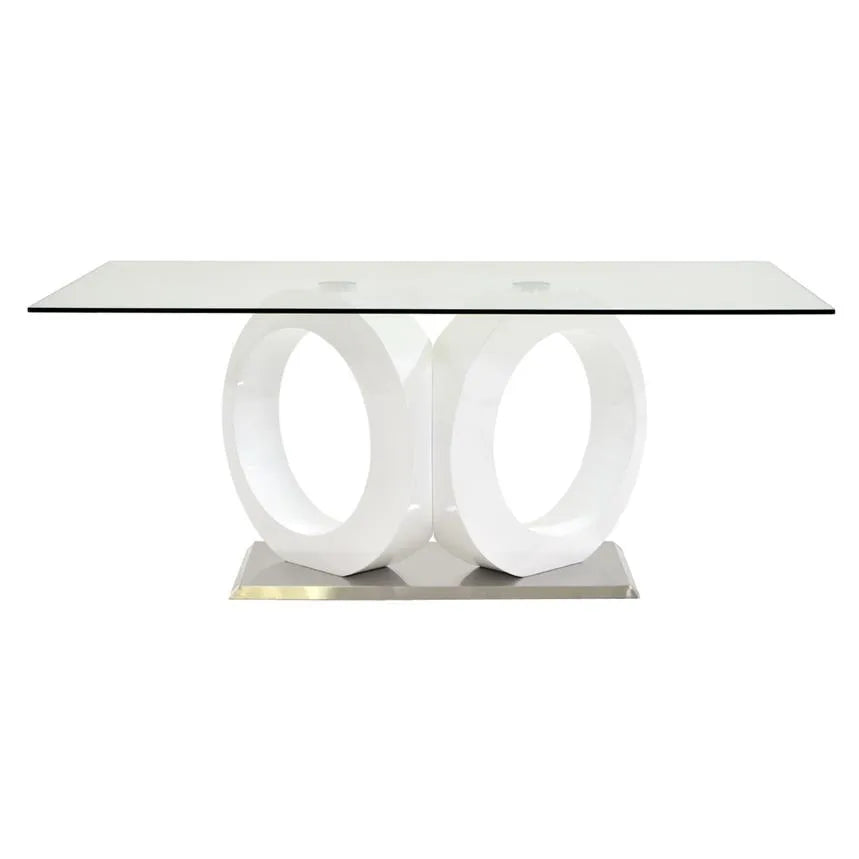 Tavolo da pranzo con piano in vetro, basamento a colonna in MDF bianco, base cromata