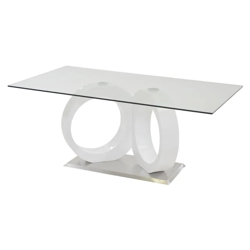 Tavolo da pranzo con piano in vetro, basamento a colonna in MDF bianco, base cromata