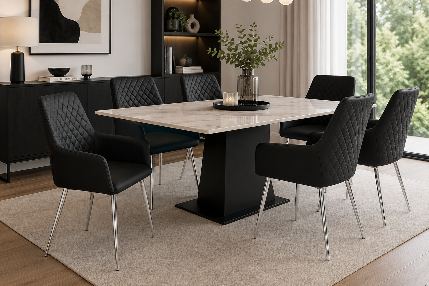 Sedia da pranzo con braccioli trapuntata a rombi, colore bianco e gambe in metallo nero