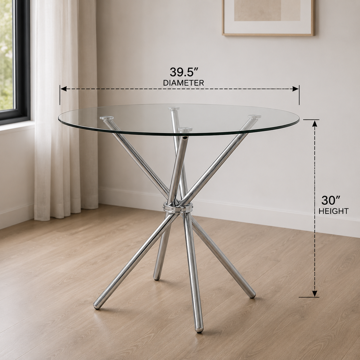 Tavolo da pranzo rotondo con piano in vetro e piedistallo geometrico cromato