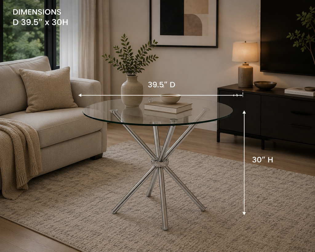 Tavolo da pranzo rotondo con piano in vetro e piedistallo geometrico cromato