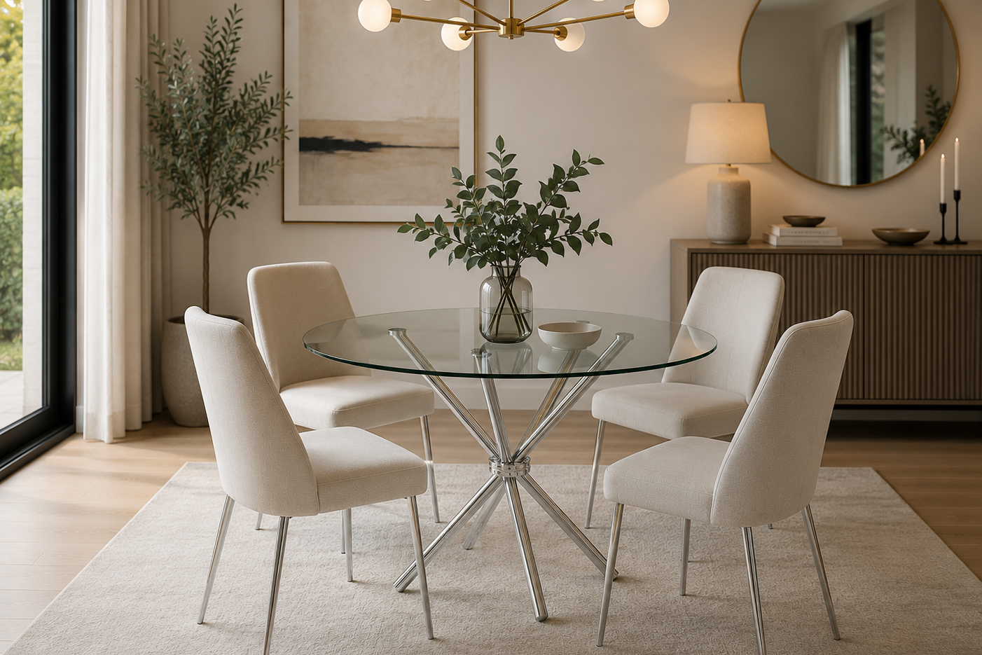 Tavolo da pranzo rotondo con piano in vetro e piedistallo geometrico cromato