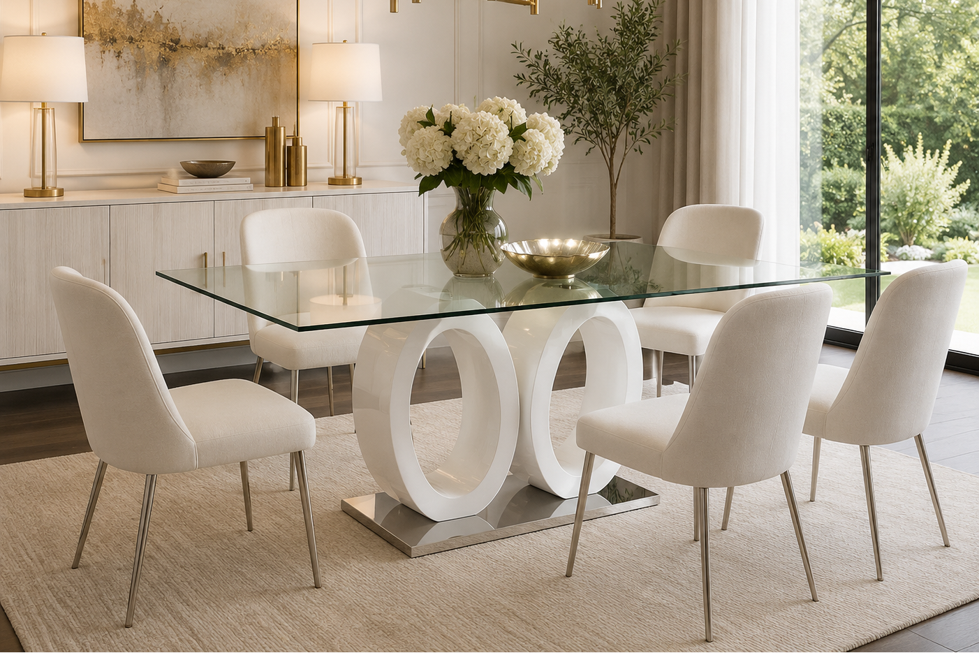 Tavolo da pranzo con piano in vetro, basamento a colonna in MDF bianco, base cromata