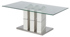 Tavolo da pranzo con piano in vetro, base a piedistallo in MDF bianco lucido e cromato