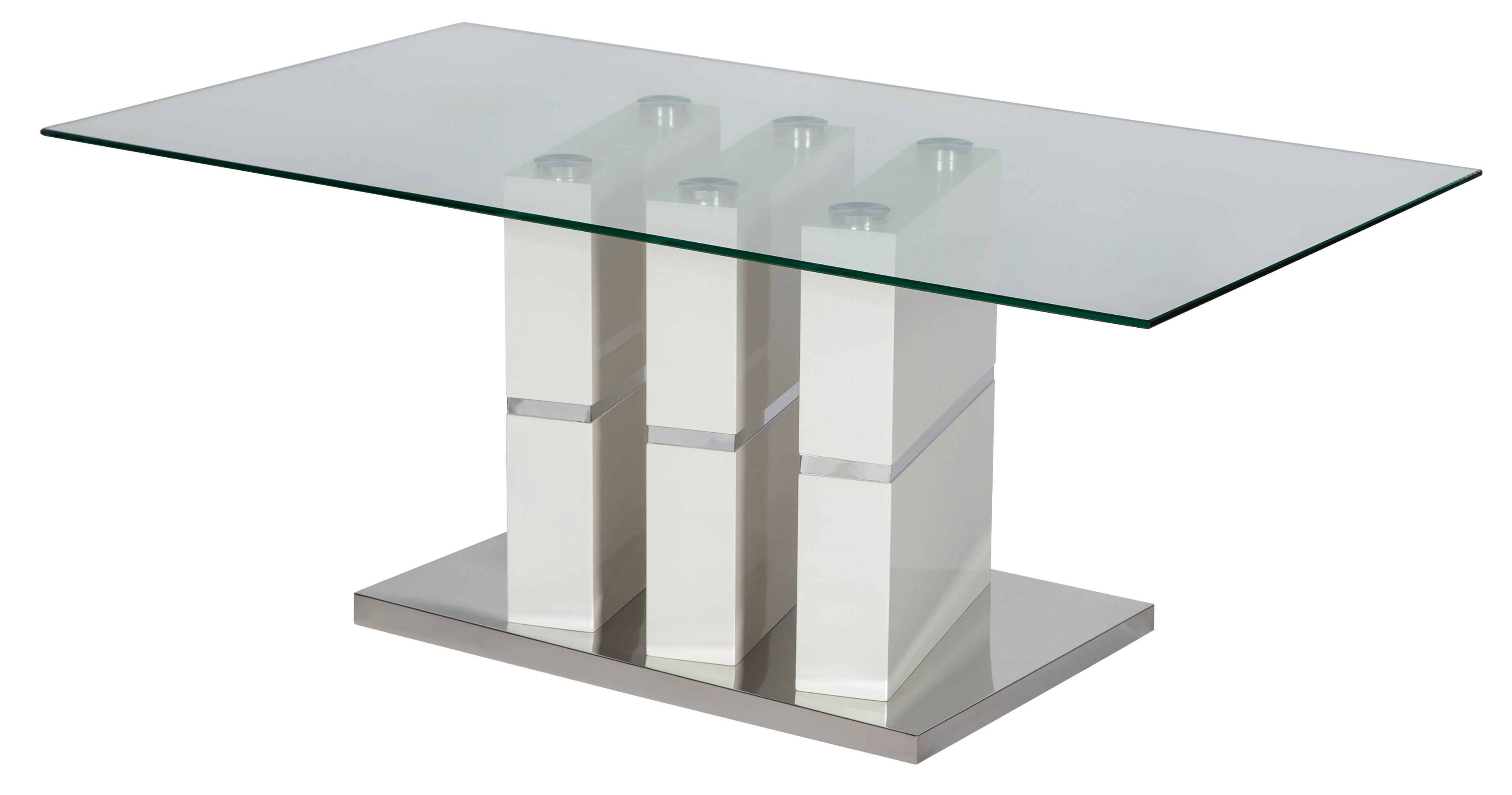 Tavolo da pranzo con piano in vetro, base a piedistallo in MDF bianco lucido e cromato