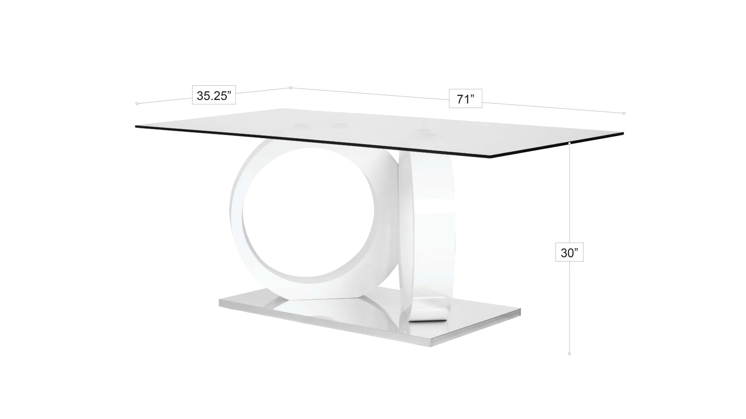 Tavolo da pranzo con piano in vetro, basamento a colonna in MDF bianco, base cromata