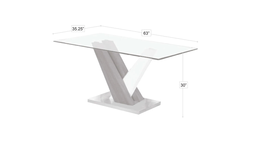 Tavolo da pranzo con piano in vetro e base a piedistallo in MDF bianco e grigio, dettagli cromati, 160 cm