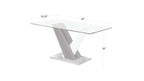 Tavolo da pranzo con piano in vetro e base a piedistallo in MDF bianco e grigio, dettagli cromati, 160 cm