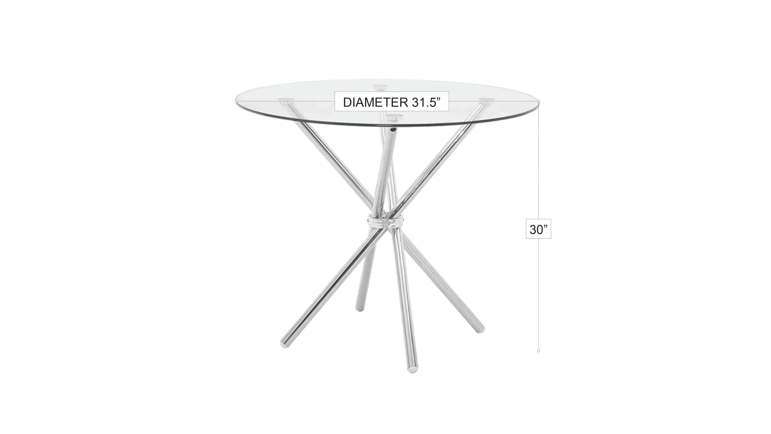 Tavolo da pranzo rotondo con piano in vetro e piedistallo geometrico cromato