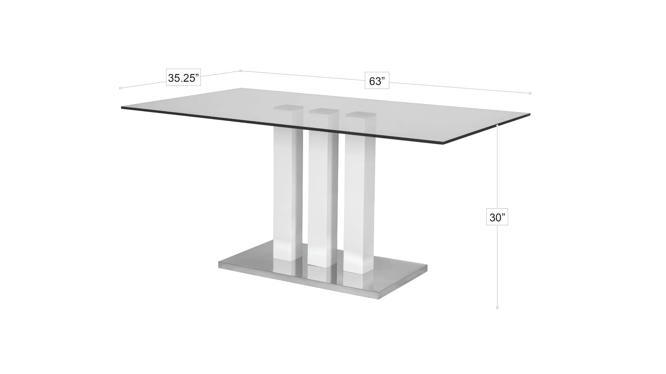 Tavolo da pranzo con piano in vetro, base laccata bianca e cromata