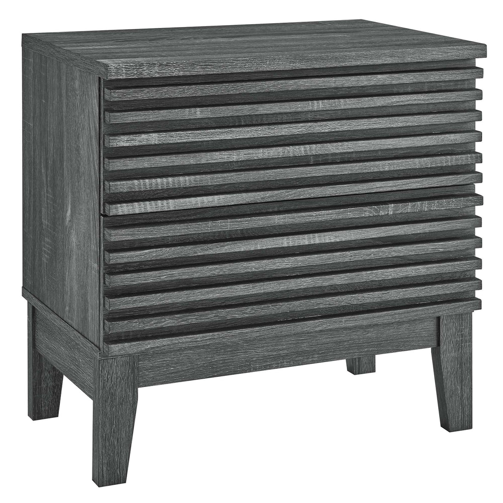 Comodino a 2 cassetti con laminato venato color carbone, stile metà secolo