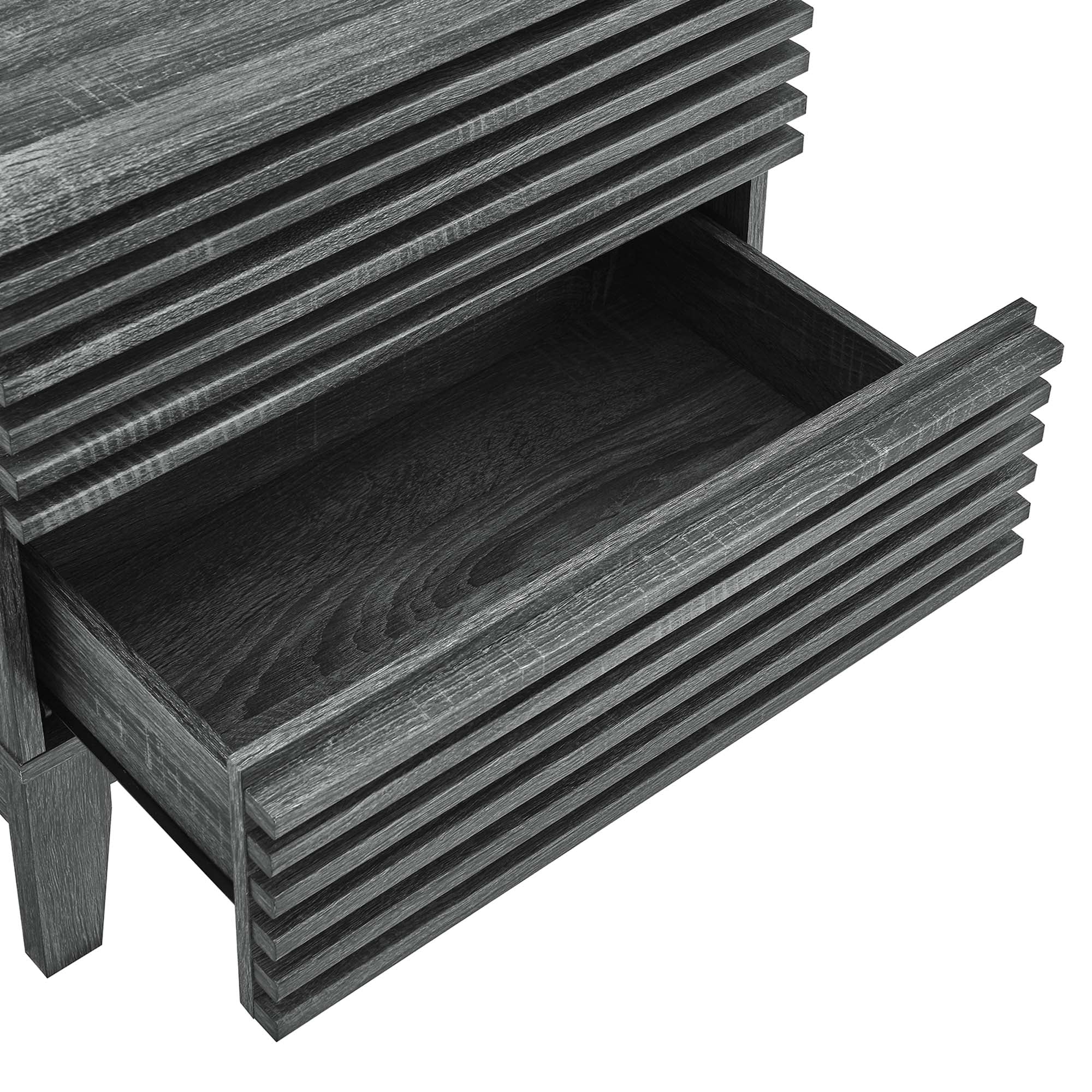 Comodino a 2 cassetti con laminato venato color carbone, stile metà secolo