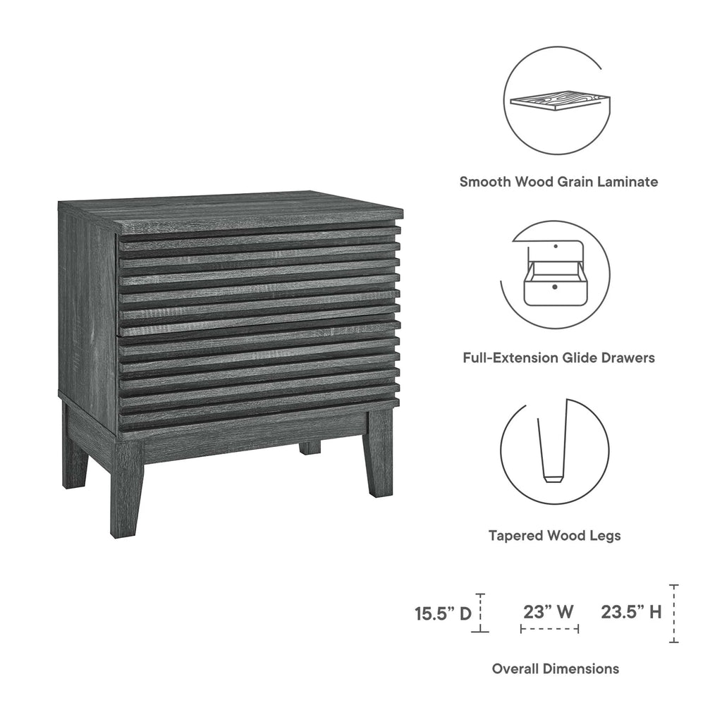 Comodino a 2 cassetti con laminato venato color carbone, stile metà secolo