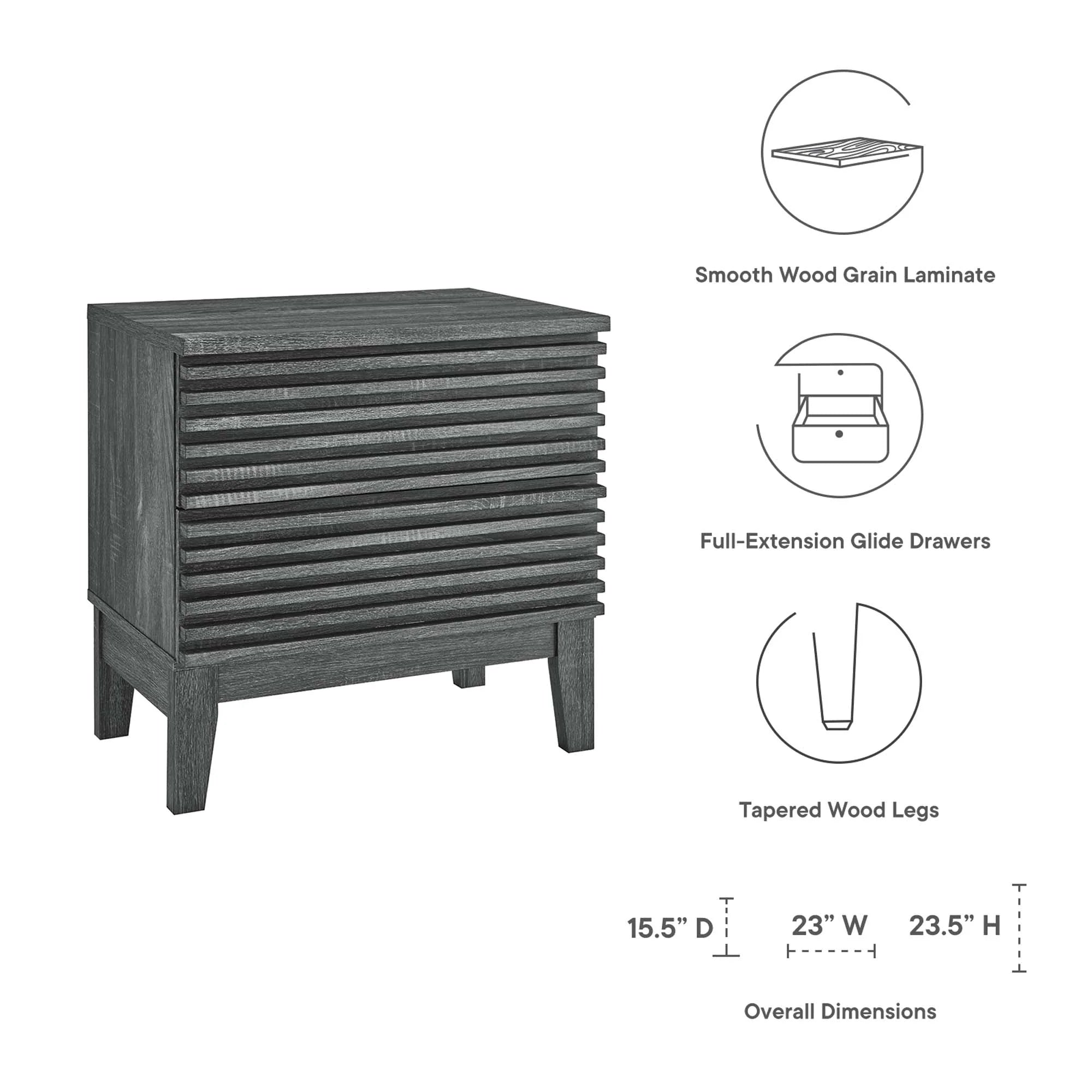 Comodino a 2 cassetti con laminato venato color carbone, stile metà secolo