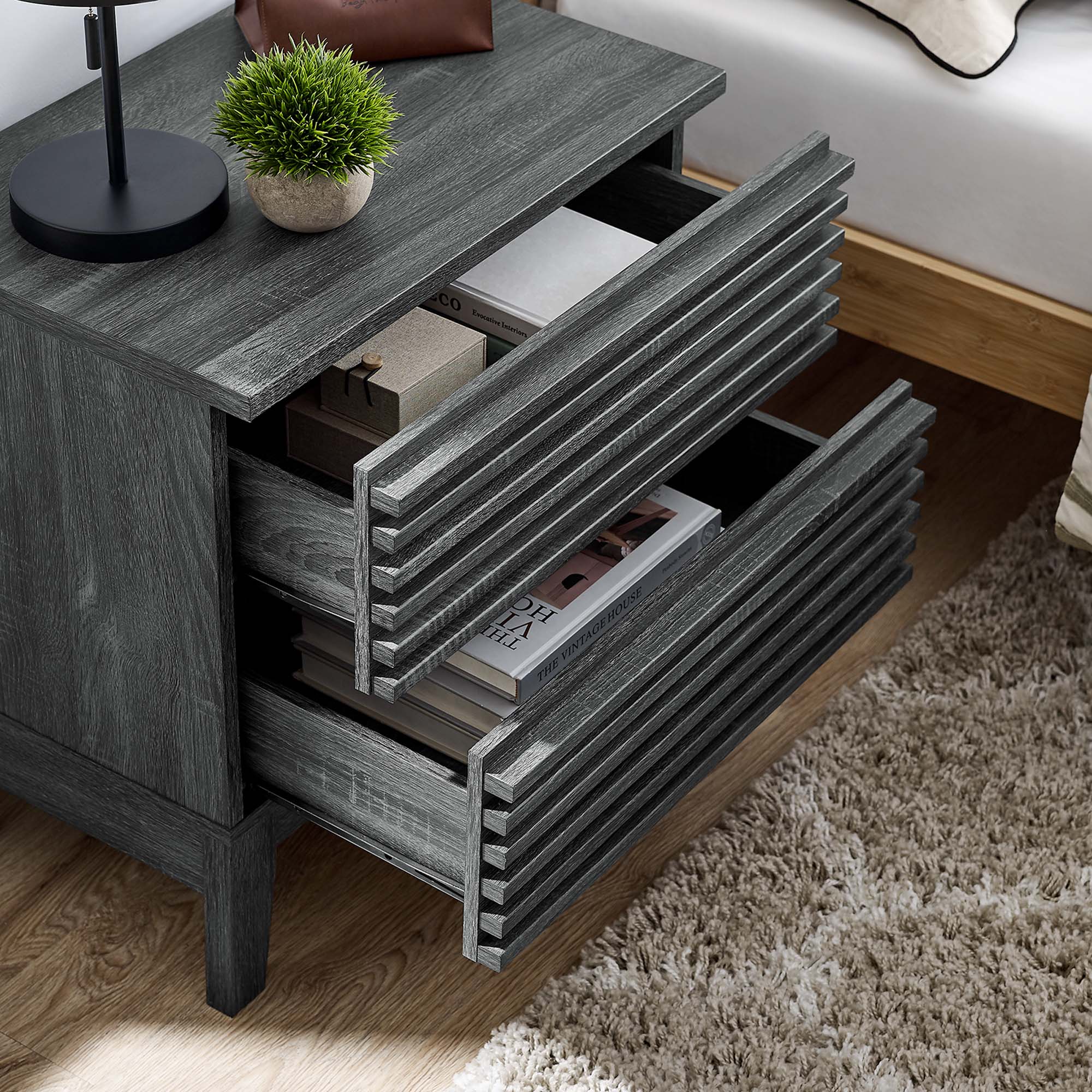 Comodino a 2 cassetti con laminato venato color carbone, stile metà secolo